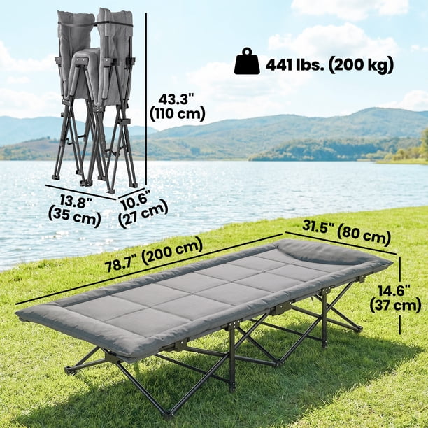 Lit De Camp Pliable Outsunny – 187x67x37 Cm, Soutien 150 Kg, Coussin Intégré, Poche Latérale, Polyester Respirant, Montage Rapide, Extérieur Camping