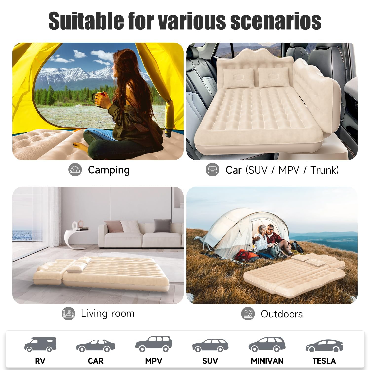 Backseat Car Air Mattress, Inflatable AirBed for SUV Back Seat Trunk Sleeping, Van Rear Seat Camping Sleeping Bed with Electric Air Pump