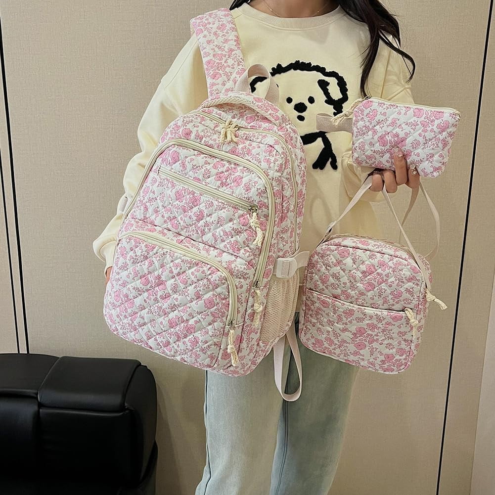 This 3-piece backpack set comes with a cute floral quilted backpack, a medium-sized messenger bag and a small travel storage bag for ladies, presenting a simple and comfortable look