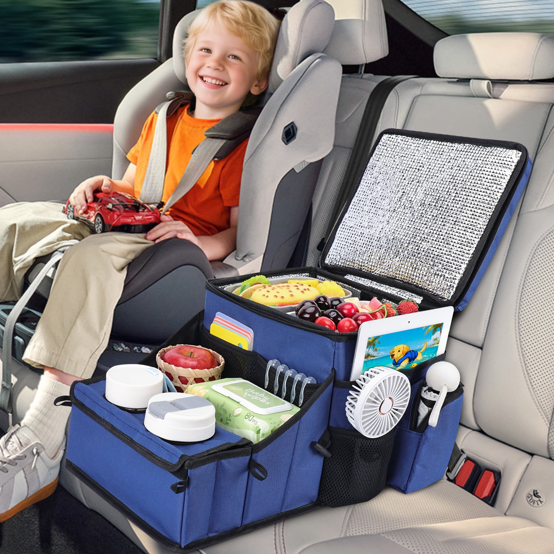 INFANZIA Car Seat Organizer, Backseat Van Organizer with Cup Holders for Car Front Passenger and Back Seat, Carseat Storages with Cooler Compartment for Kids and Adults for Toy, Snacks , Dark blue