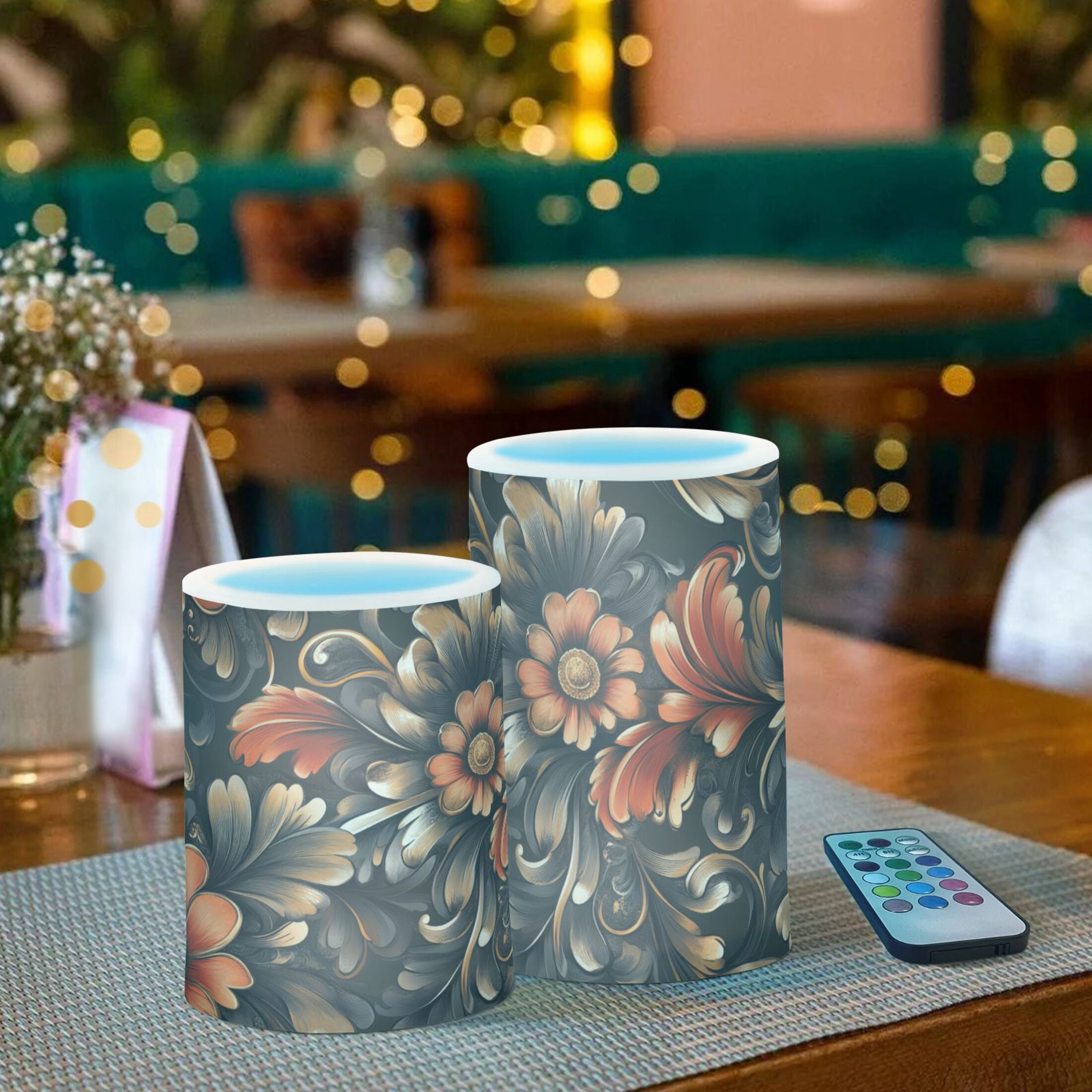 Flickering Flameless LED Candles set of 2 Battery Operated 18-Key Remotes Timer Halloween Fall Decor Red Flowers and Swirls Leaves D3''xH4''5''