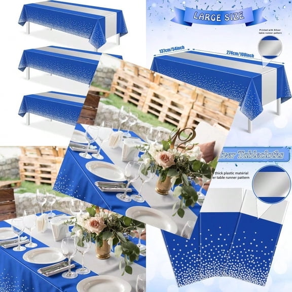 3Pcs Blue and Silver Tablecloth Party DecorationsPlastic Royal Blue Table Cloth Printed Silver Table Runner Disposable Rectangle Tables Cover for Anniversary Wedding Graduation 2025 Party 54x108 Inch
