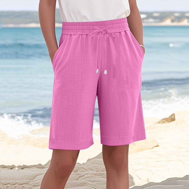 tarylea Plus Size Shorts for Women Drawstring Knee Length Elastic Waist Shorts Solid Color Loose Shorts with Pockets Casual Lightweight Breathable Shorts