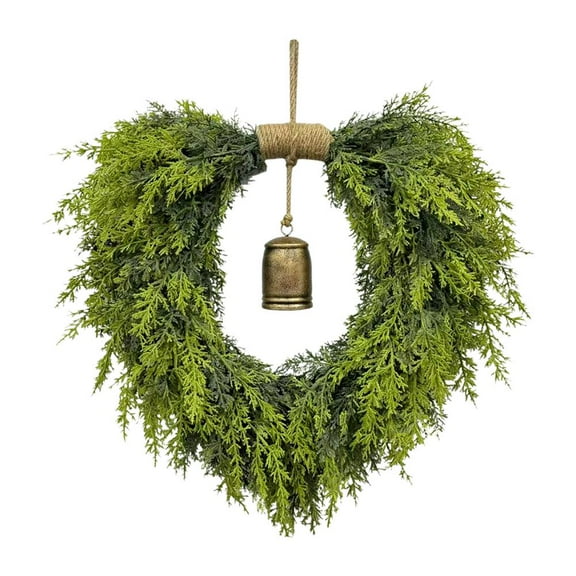 Real Christmas Cedar Wreath, Artificial Winter Wreaths For Front Fake Love with Pine Round Bell, Faux Heart Green