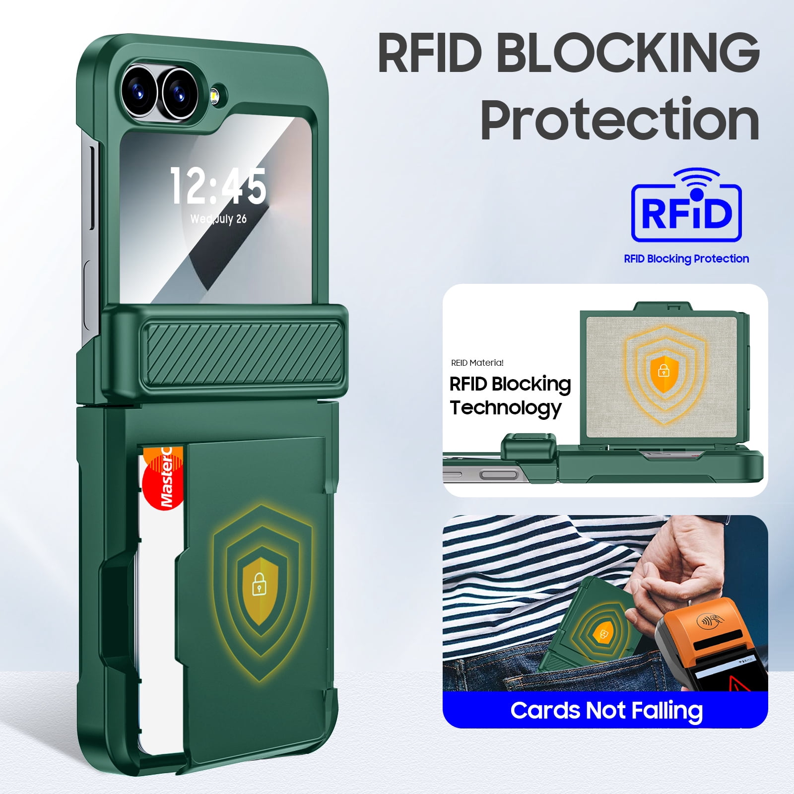 Oupeigar for Samsung Galaxy Z Flip 6/7FE Phone Case with Card Holder[RFID Blocking],Hinge Protection,Screen Protector,Shockproof Case-Green