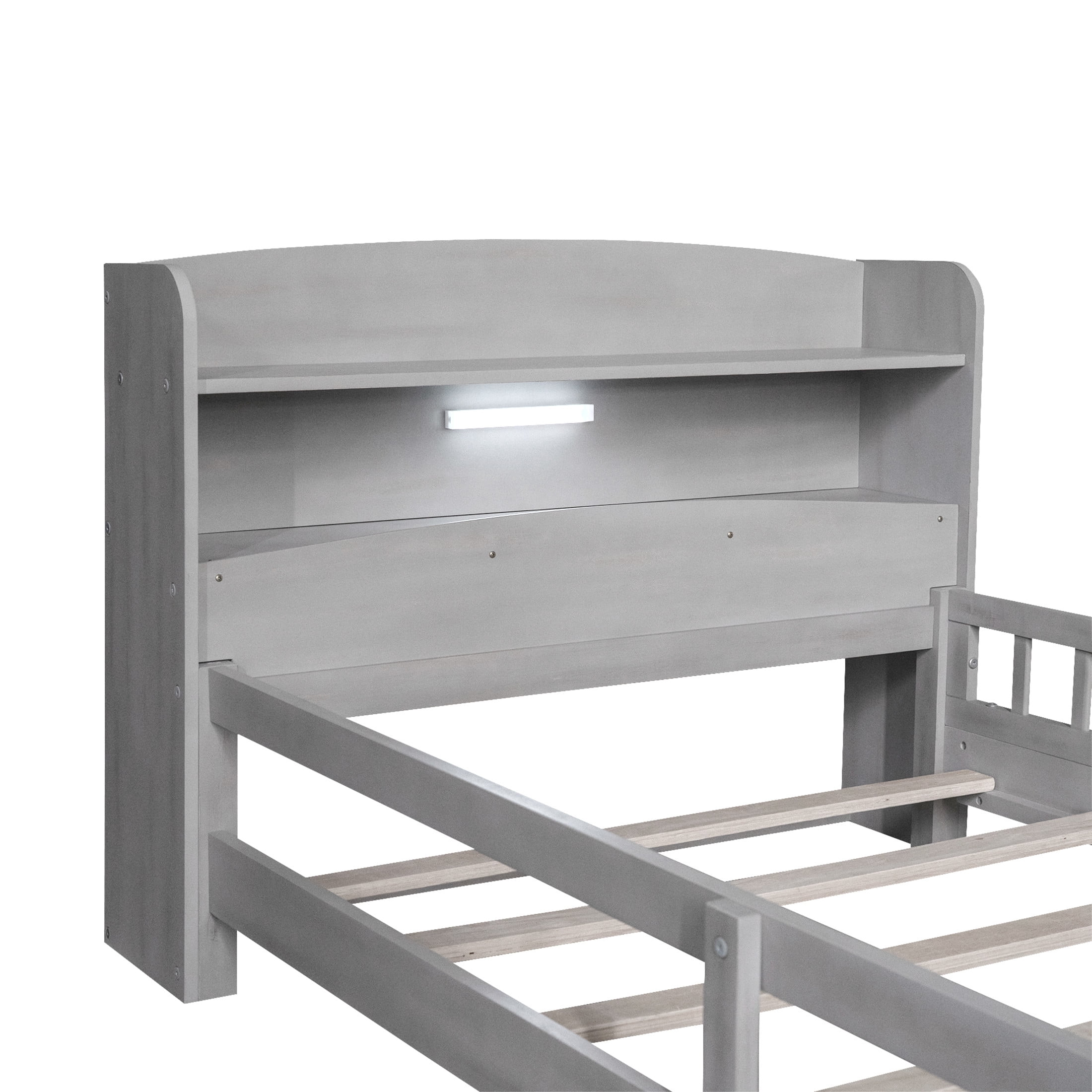 Noble House Twin Platform Bed with Built-in LED Storage Headboard and Safety Guardrails, Space Saving Design, Gray