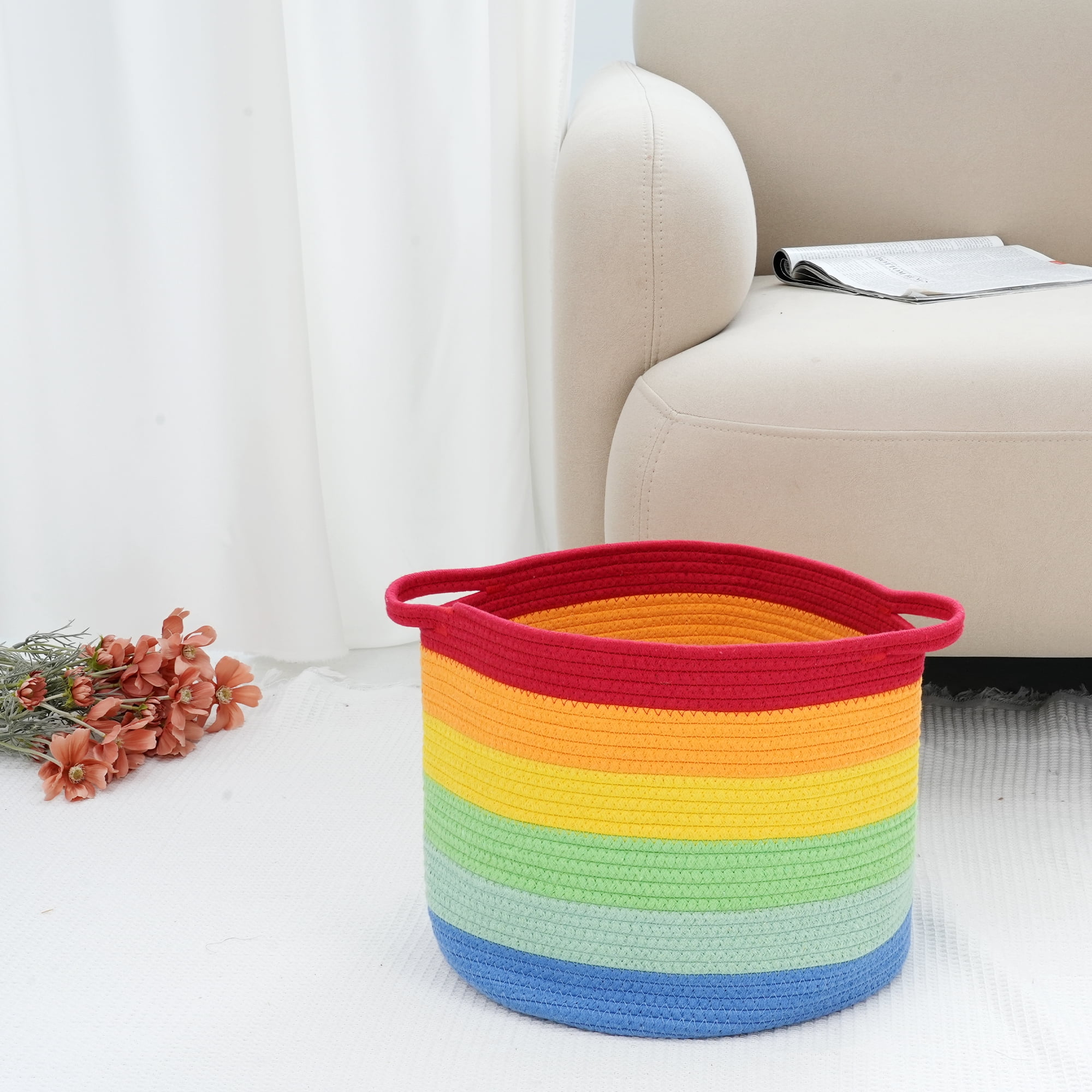 Unique Bargains 1pk Woven Storage Basket with Handle Shelf Storage Bin for Clothes Rainbow