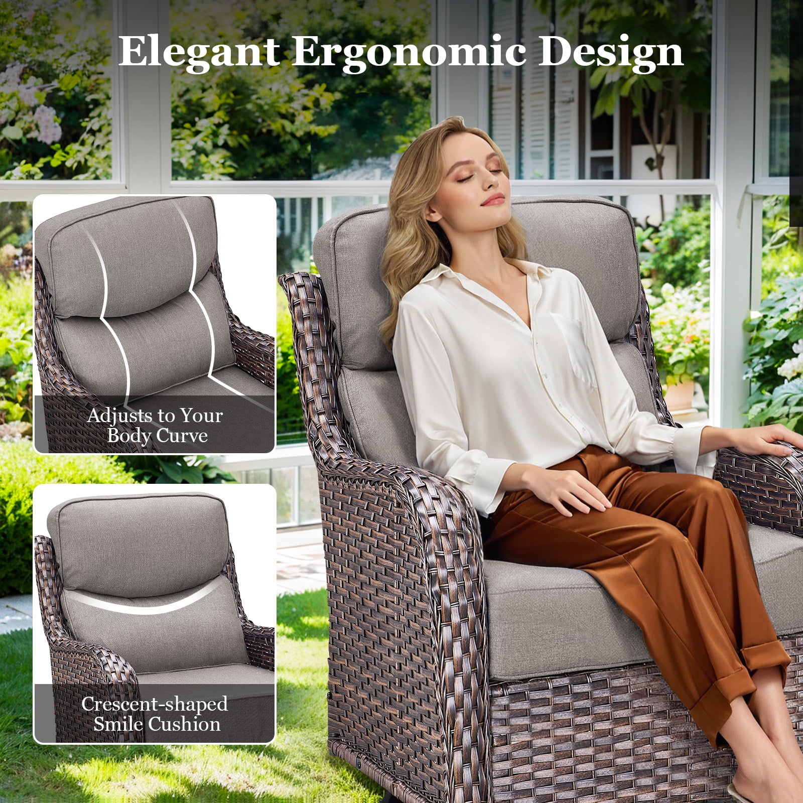 Planntonneo 5pcs Patio Furniture Set with Fire Pit Table, 4pcs Outdoor Wicker Swivel Chairs with 30" Propane Fire Table Square, 6inch Thickened Grey Cushions