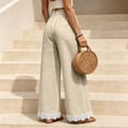 thumbnail image 6 of Women Straight Leg Pants with Lace Hem Trim, Elastic Drawstring Waist Casual Long Trousers with Pockets, Solid Loose Daily Pants for Vacation Beige XXL(XXL), 6 of 7