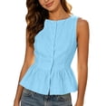 thumbnail image 5 of HomeDM Tank Tops for Women Crew Neck Button Down Peplum Tops Summer Cotton Linen Sleeveless Casual Flared Hem T-Shirts Light Blue Size XL, 5 of 7