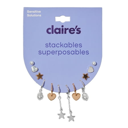 Claire's Teen Girls Stackable Silver and Gold Star and Heart Earring Set, 6-Pack