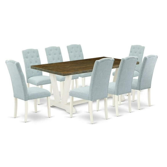 East West Furniture V077CE215-9 9-Piece Kitchen Dining Room Set-8 Parson Chairs with Baby Blue Linen Fabric Seat and Button Tufted Chair Back - Rectangular Table Top & Wooden Legs - Distressed...