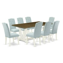 East West Furniture V077CE215-9 9-Piece Kitchen Dining Room Set-8 Parson Chairs with Baby Blue Linen Fabric Seat and Button Tufted Chair Back - Rectangular Table Top & Wooden Legs - Distressed...
