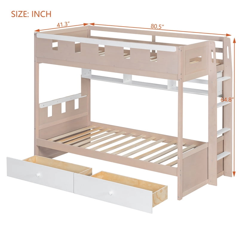 Twin Size Castle-Designed Kids's Bunk Bed with Built-in Ladder & LED Strip, Storage Wooden Bed Frame with 2 Drawers & Shelves