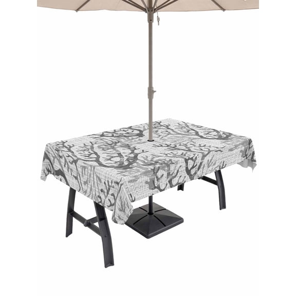 60x84 Inch Outdoor Tablecloth with Umbrella Hole Zipper Rectangle Grey Coral Coastal Rectangular Tablecloths Waterproof Summer Beach Nautical Ocean Sea Vintage Patio Table Cloth Cover for Picnic