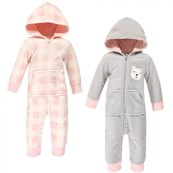 Hudson Baby Infant Girl Fleece Jumpsuits, Coveralls, and Playsuits 2pk, Girl Bear, 0-3 Months