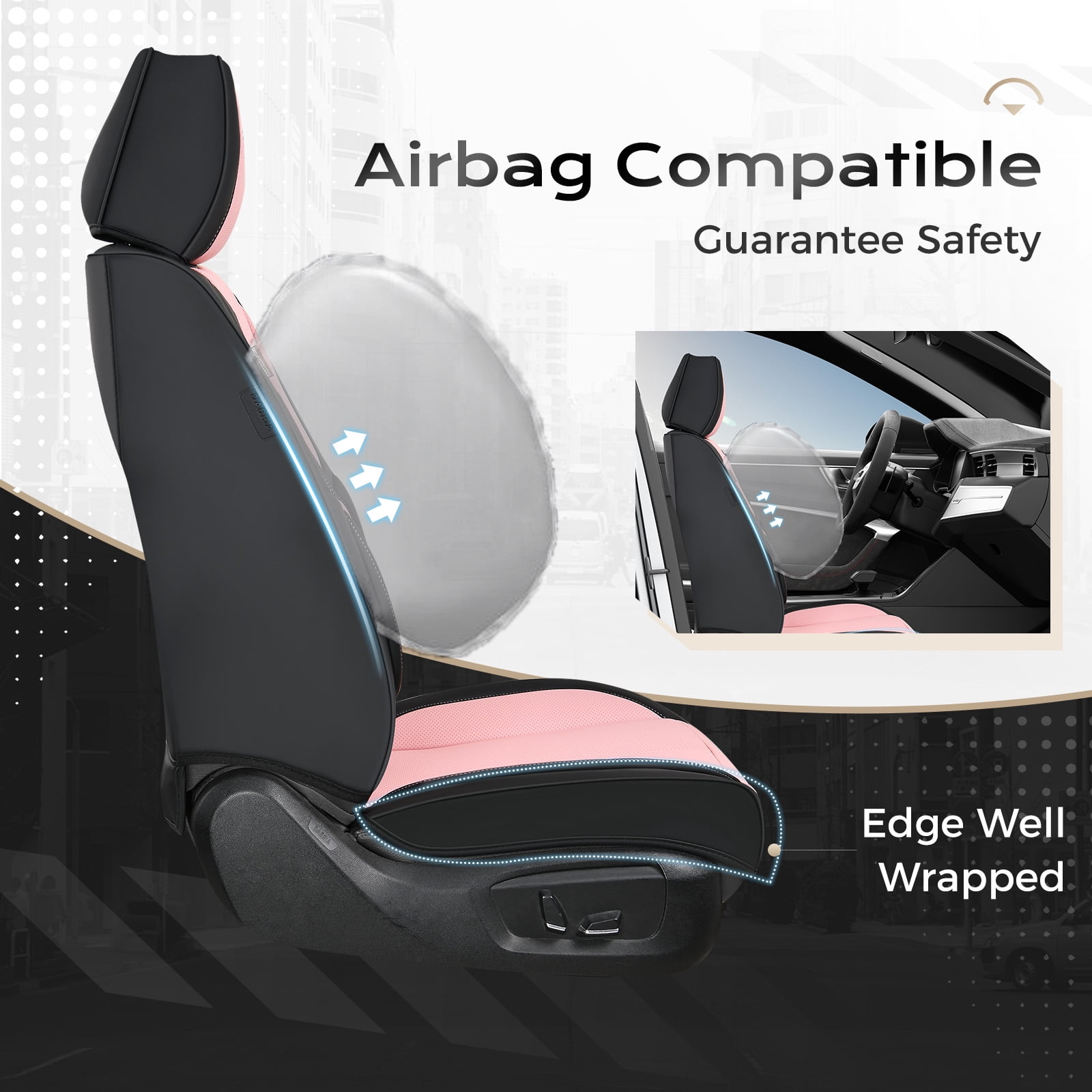 Coverado Black&Pink Car Seat Covers Full Set, Waterproof Premium Leather Front and Back Seat Protectors, Luxury Auto Interior Accessories, Universal Fit Most Cars Sedan SUVs Pick-up Trucks