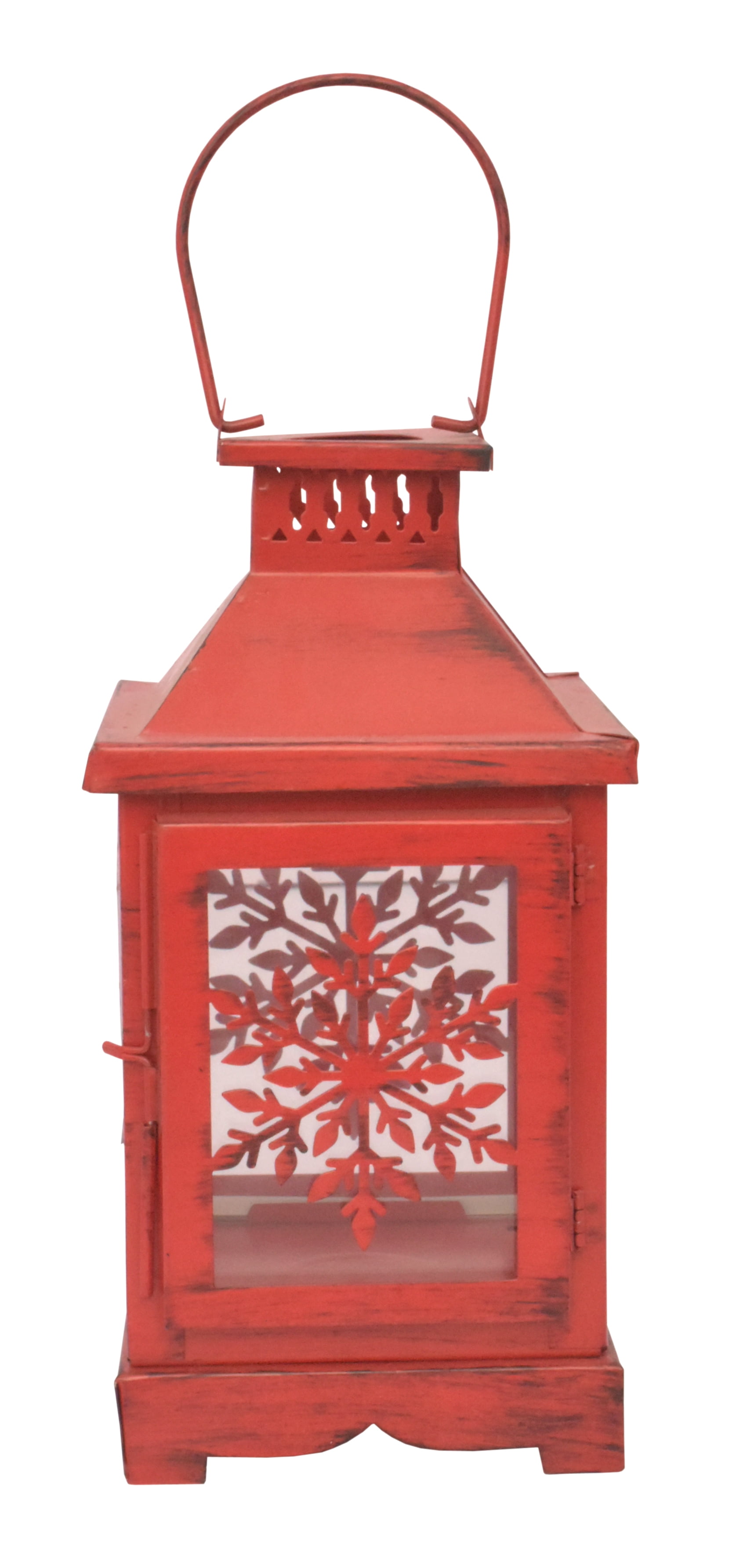 Holiday Time Metal & Glass Lantern Snowflake Design Antique Red Finish