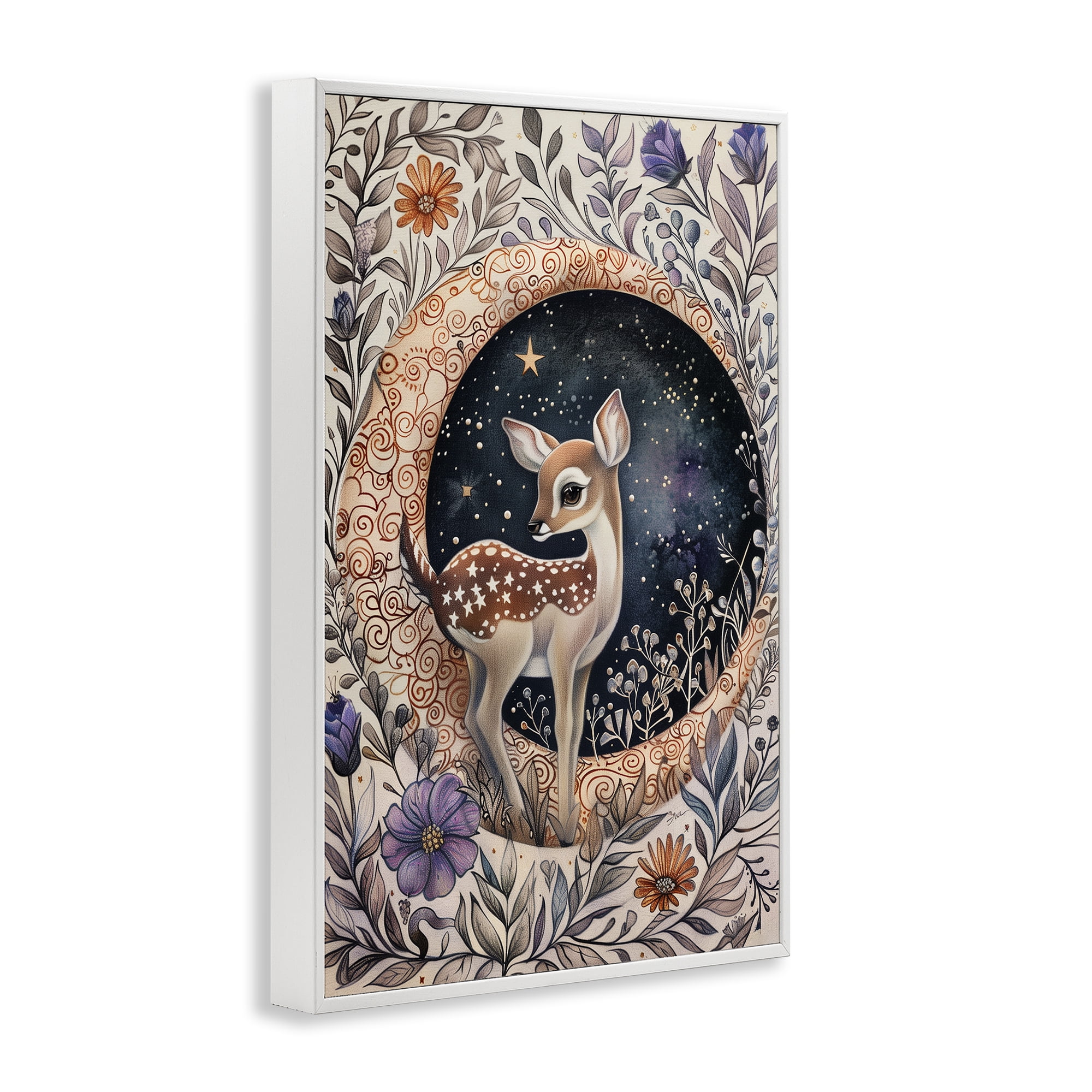 Stupell Industries Floral Fawn & Moon Animals & Insects Painting White Framed Art Print Wall Art, 12 x 18