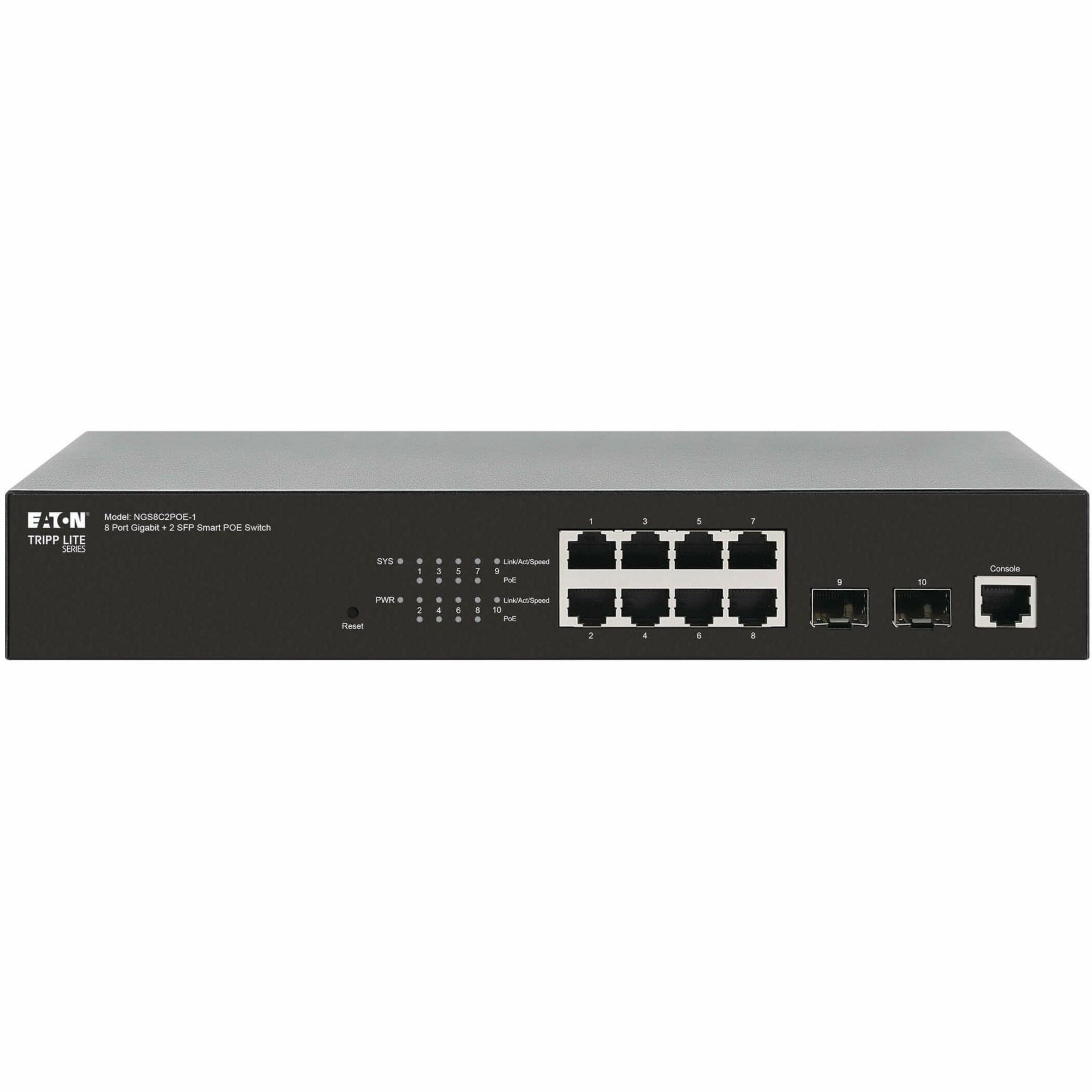 Eaton Tripp Lite series 8-Port Managed Gigabit Ethernet Switch with PoE+ Layer 2 1 Gbps 2x GbE SFP Ports 140W PoE 1U Rack/Desktop