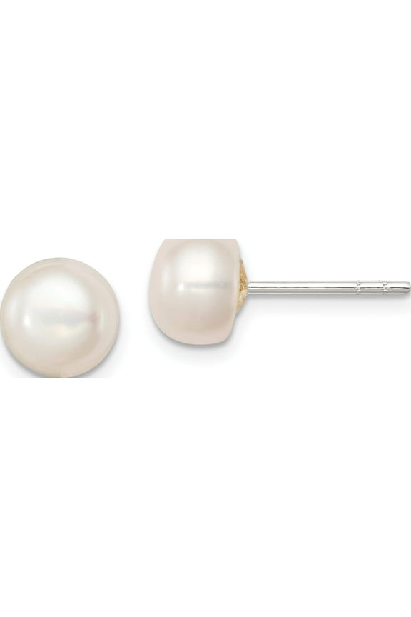 Sterling Silver White Fw Cultured Pearl 7-7.5mm Button Earrings Made In Thailand qe2037