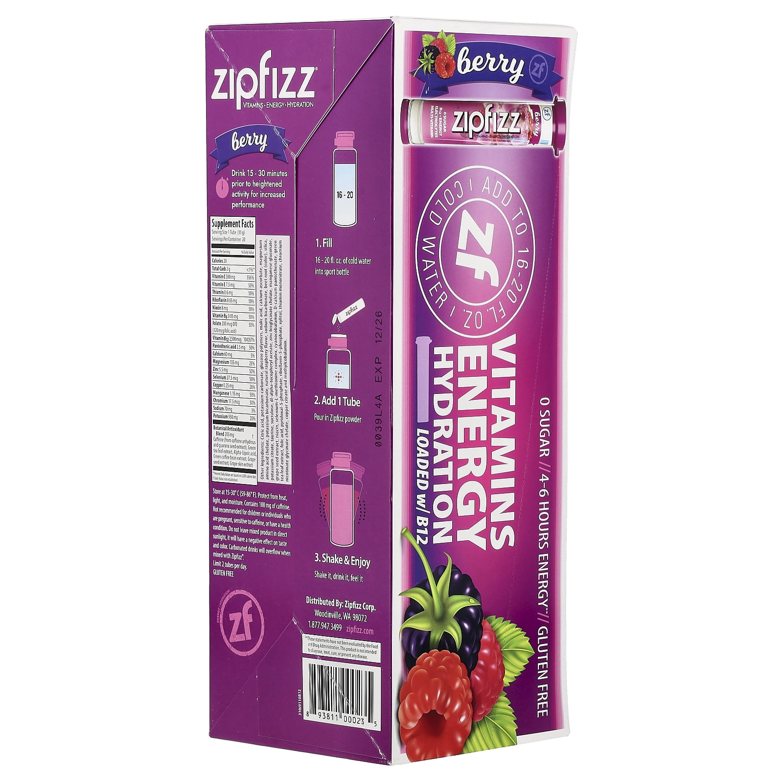 Zipfizz Sugar-Free Energy Drink Mix, Berry Flavor, 20 Tubes
