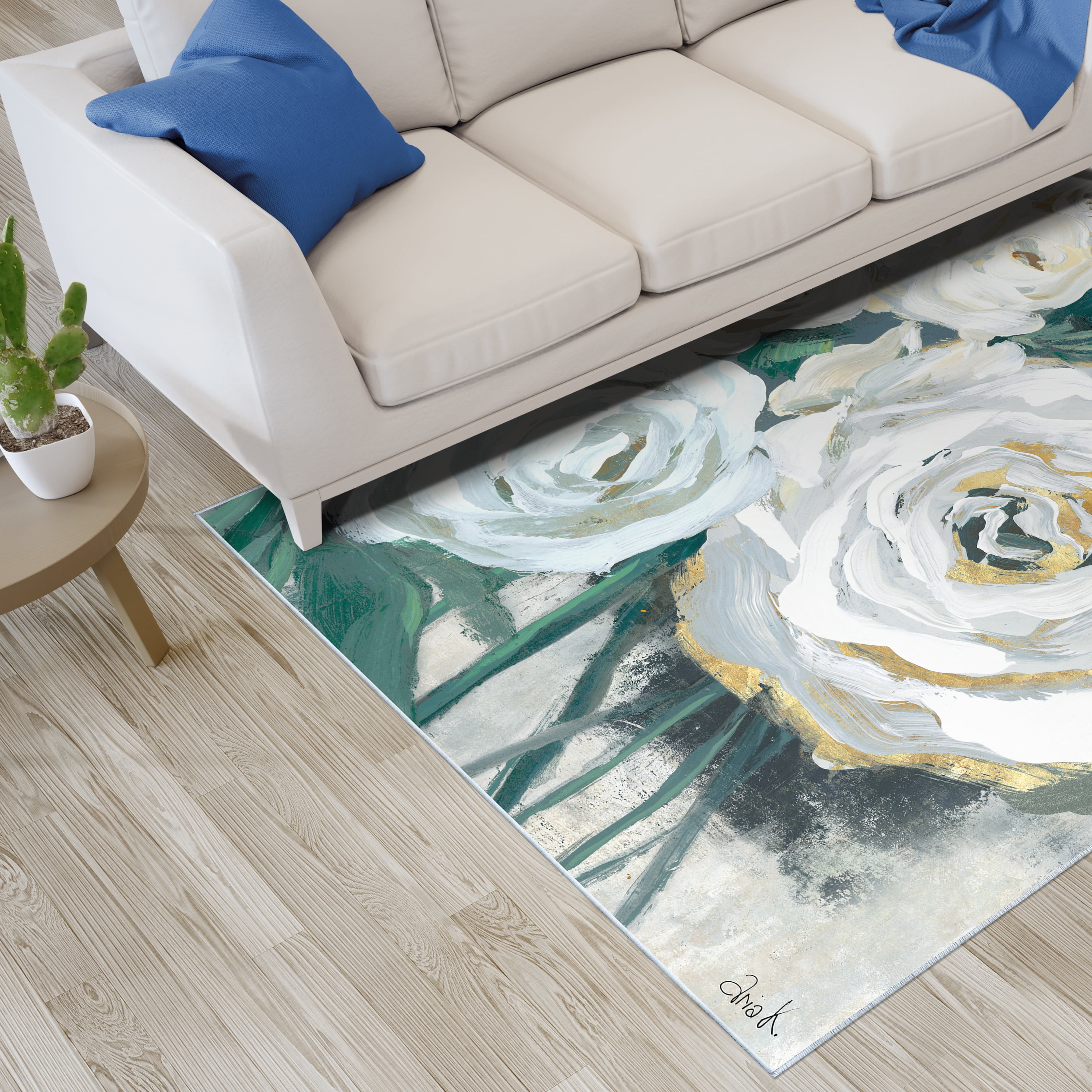 White Bouquet of Florals II Washable Art Area Rug size 5'x8'