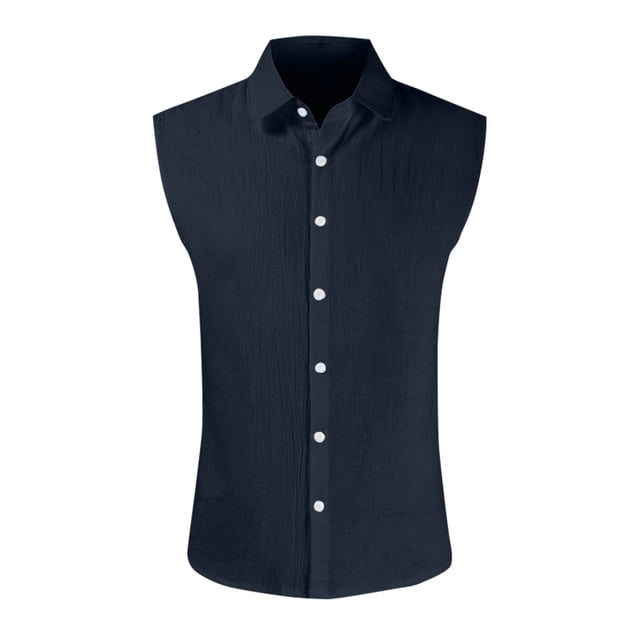 Men's Summer Hawaiian Solid Color Sleeveless Button-Down Shirt L