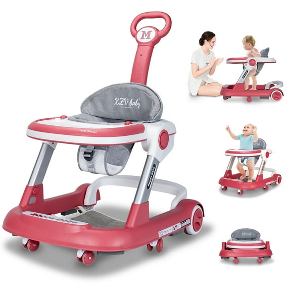 Baby Walker with Wheels 4 in 1 Foldable Activity Center with Mute Wheels Adjustable Heights Anti-Fall Activity Center for Boys Girls Safe Infant Toddler Walker with Footrest for 6-24 Months