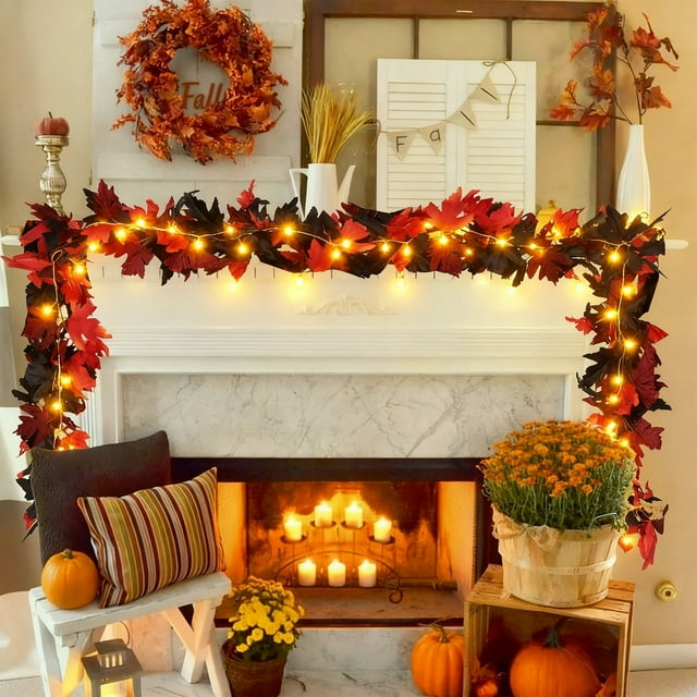 Lámpara de plástico con forma de fresa, decoración navideña de 178 cm, luces de cadena de Halloween a pilas con hojas de arce negras, decoración para patio, porche, mesa, pared, fiesta, decoración int