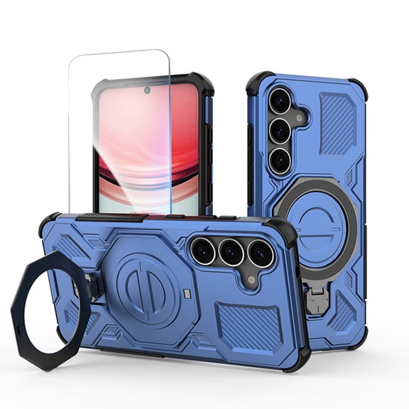 For Galaxy A17 5G Case with Screen Protector, Magnetic Cover Compatible with Mag Safe Grip Ring Kickstand Heavy Duty Protective Phone Case, Blue