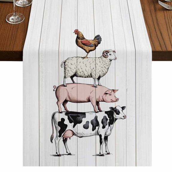 Farmhouse Wooden Grain Burlap Cotton Table Runner 16x72 Inches Long, Modern Country Cow Pig Chicken Farmhouse Table Runners, Outdoor Dining Tablecloths Decor for Baby Shower/Party/Wedding