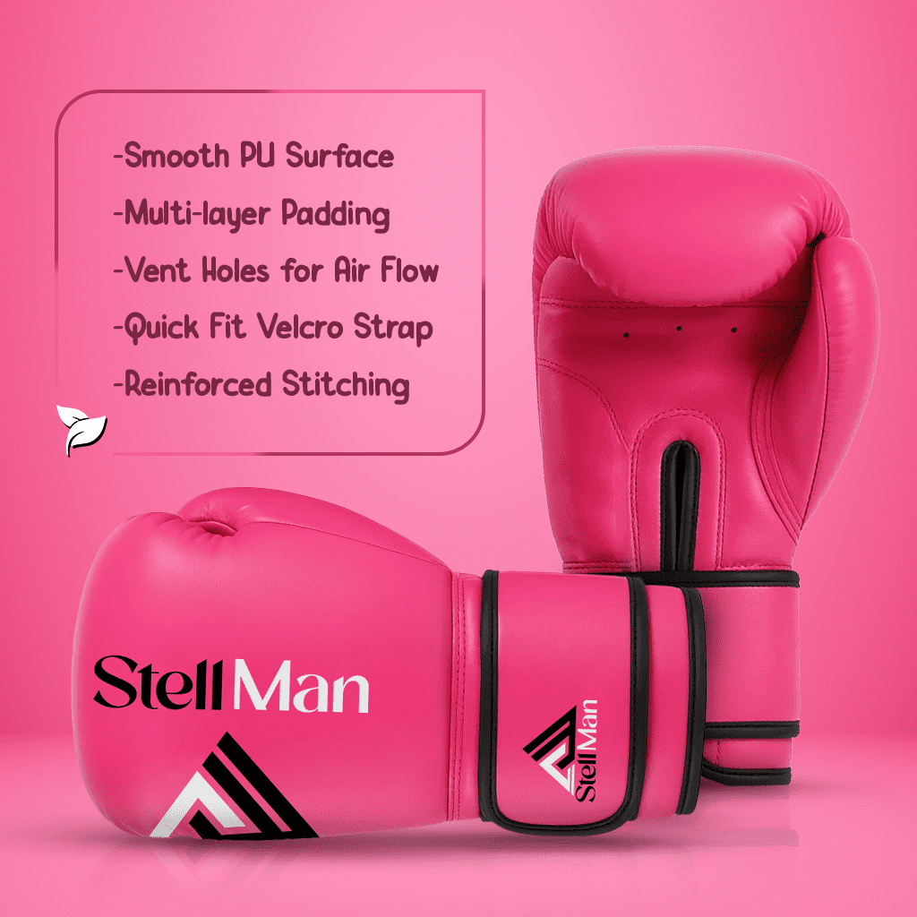 StellMan Pink Boxing Gloves - Premium PU Leather, Multi-Layer Padding, Adjustable Velcro Strap, Shock-Absorbent Foam Core - Comfortable, Durable Boxing Gear for Training, Sparring & Fitness