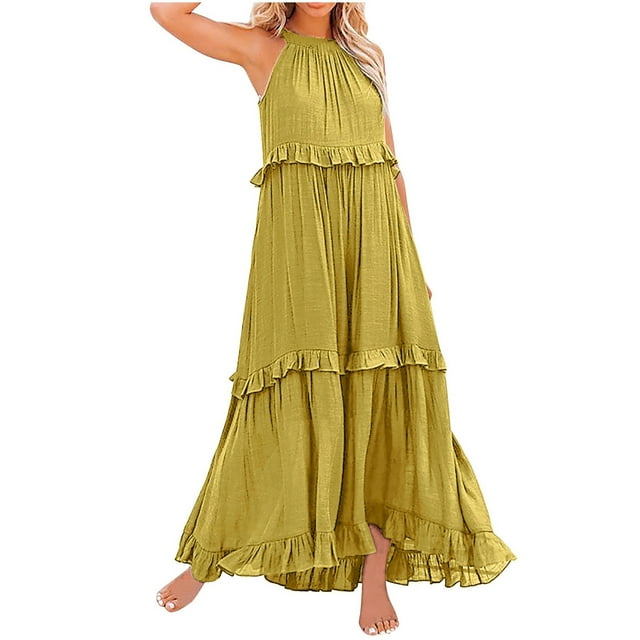 Zmoon Women's Bohemian Long Solid Color Sleeveless Halter Neck Ruffle Beach Style Dress