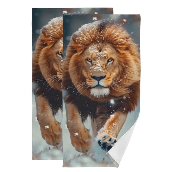 Lion Running on The Snowfield Hand Towel Absorbent Bath Towels for Bathroom Sports Gym 28" x 14" Set of 2