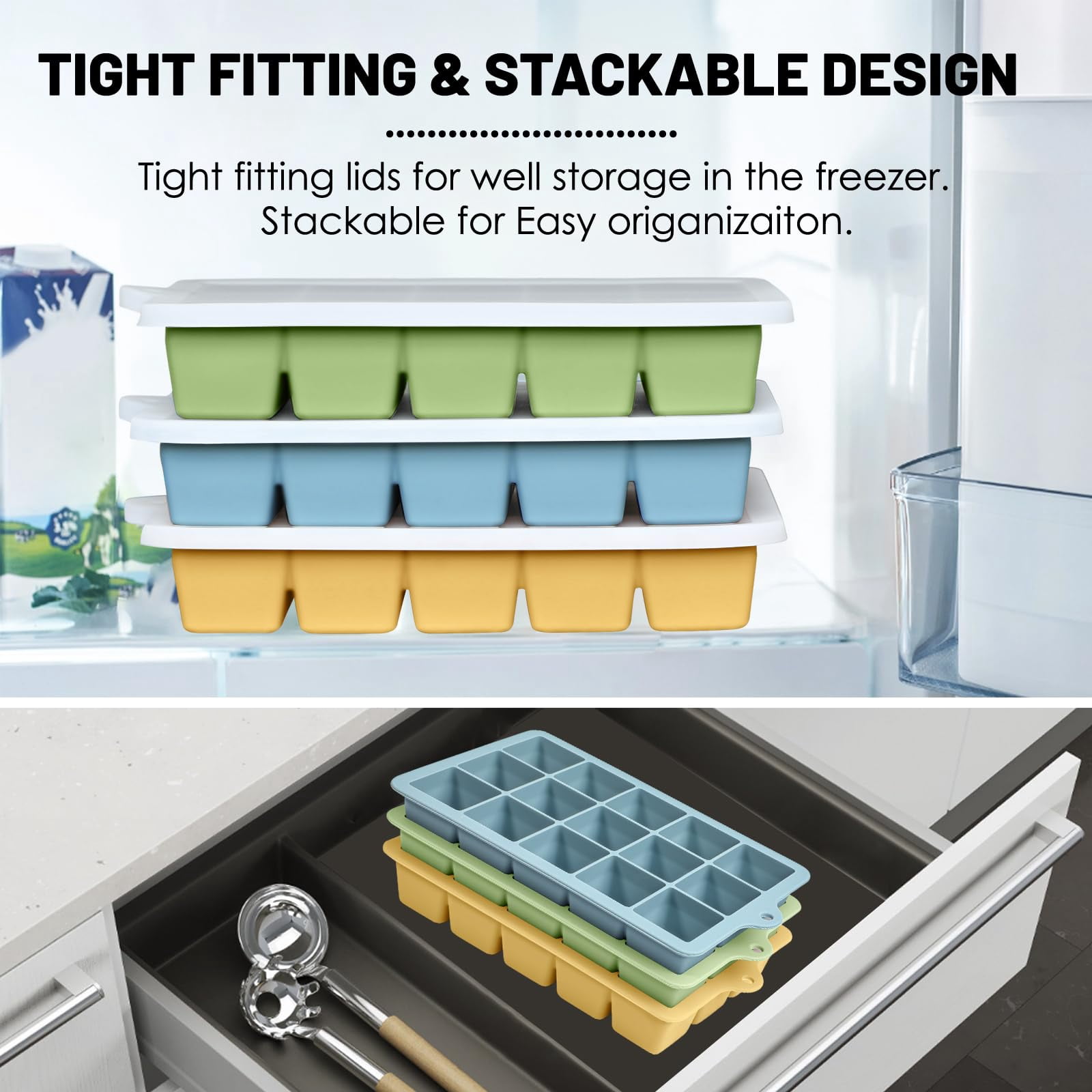 Silicone Ice Cube Trays 3packs  Easy Release Molds With Lid Freezer Stackable Maker For Food Bpa Free (3 Blue+green+yellow)