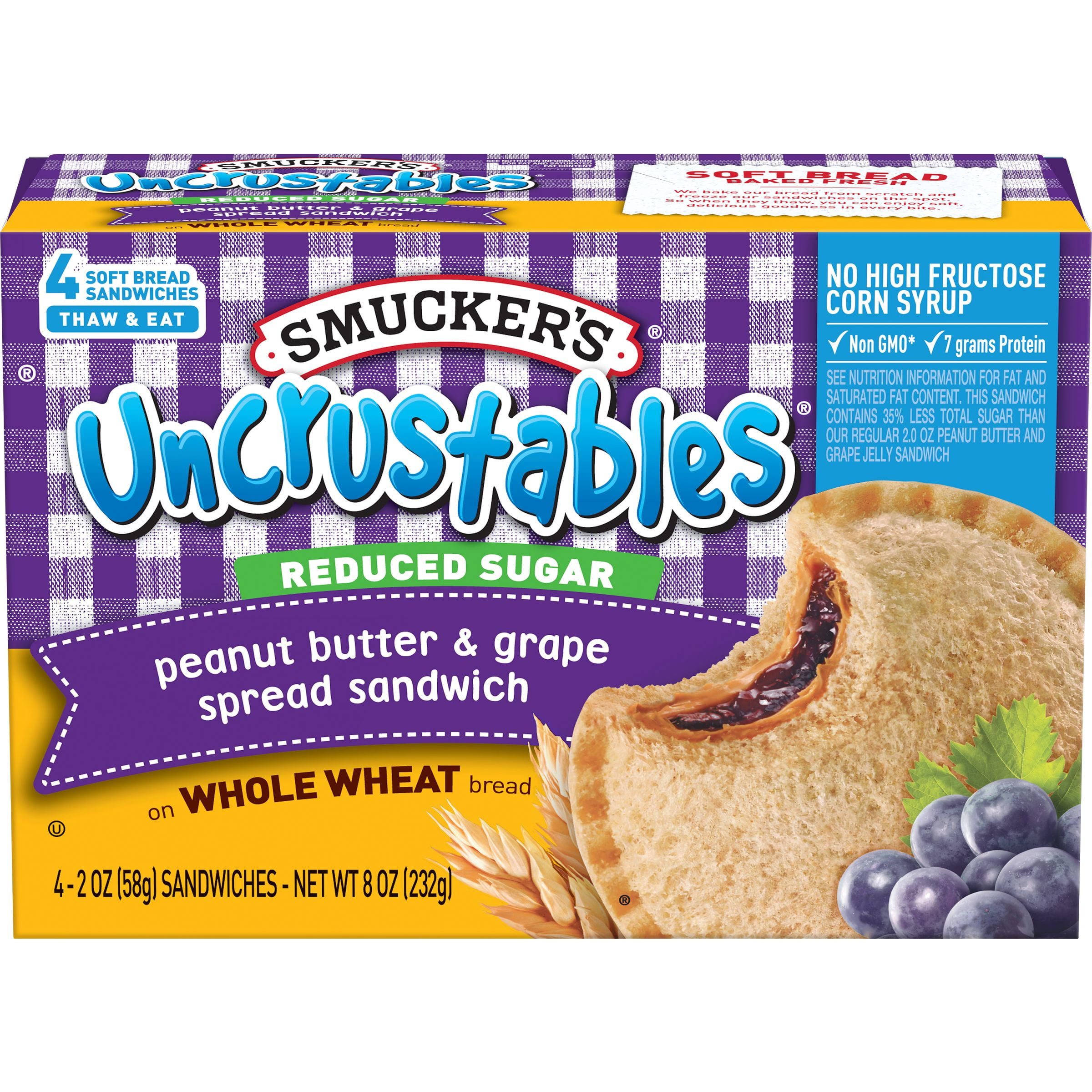 Smucker S Uncrustables Reduced Sugar Peanut Butter Grape Spread Sandwich On Whole Wheat Pack Of 4 Walmart Com