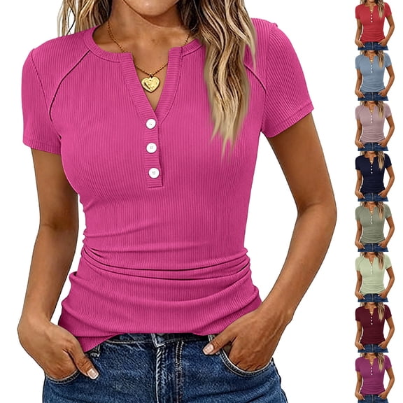 Qwertyu Women's 2026 Fall Summer Short Sleeve Tops Ribbed Henley Button Slim Fit Basic Casual T Shirts Blouse Clothing Light Green M