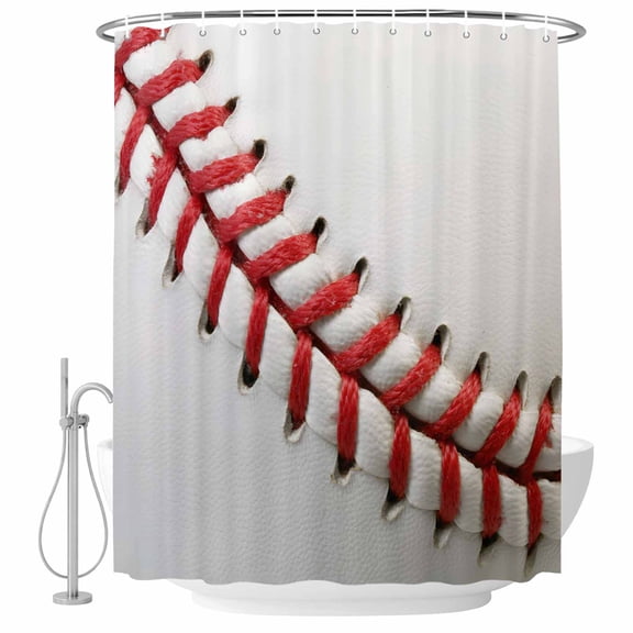 Baseball White Red Texture Fabric Shower Curtain Sports Washable Shower Curtains for Bathroom, Waterproof Bath Curtain with Hooks Home Decor 36x72in