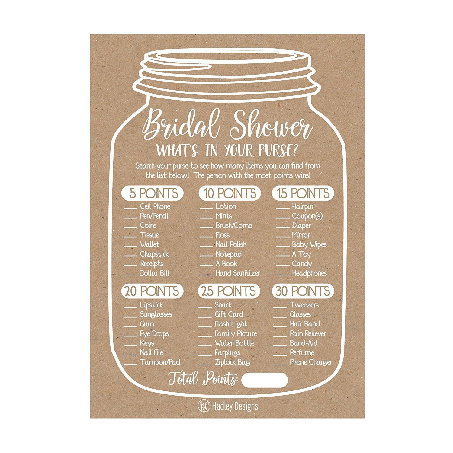 Details about   25 Rustic Whats In Your Purse Bridal Wedding Shower or Bachelorette Party... 