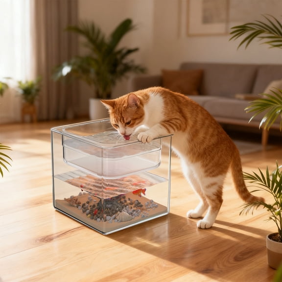 chaungfeng Fish Tank Square Cat Water Bowl, 5.9 Inch Home Use 2 in 1 Multifunctional Ornament Shatterproof Centerpiece Gift Fish Bowl Aquarium, Full Bowl