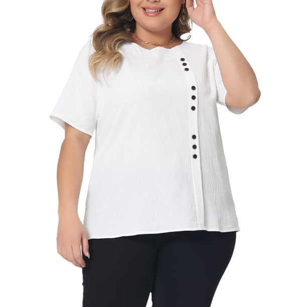 Blusa de mujer de talla grande Agnes Orinda, de manga corta, cuello redondo, de algodón y lino, camiseta 1X blanca