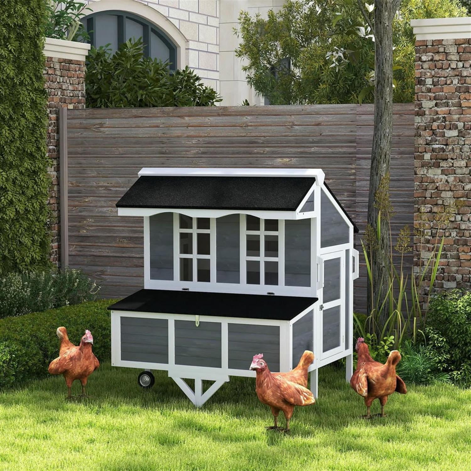 Pefilos 50" Outdoor Wooden Chicken Coop with Nesting Box, Wheels, Farm Hen House 2-4 Hens, Weatherproof Pet House for Rabbits, Bunnies, Gray