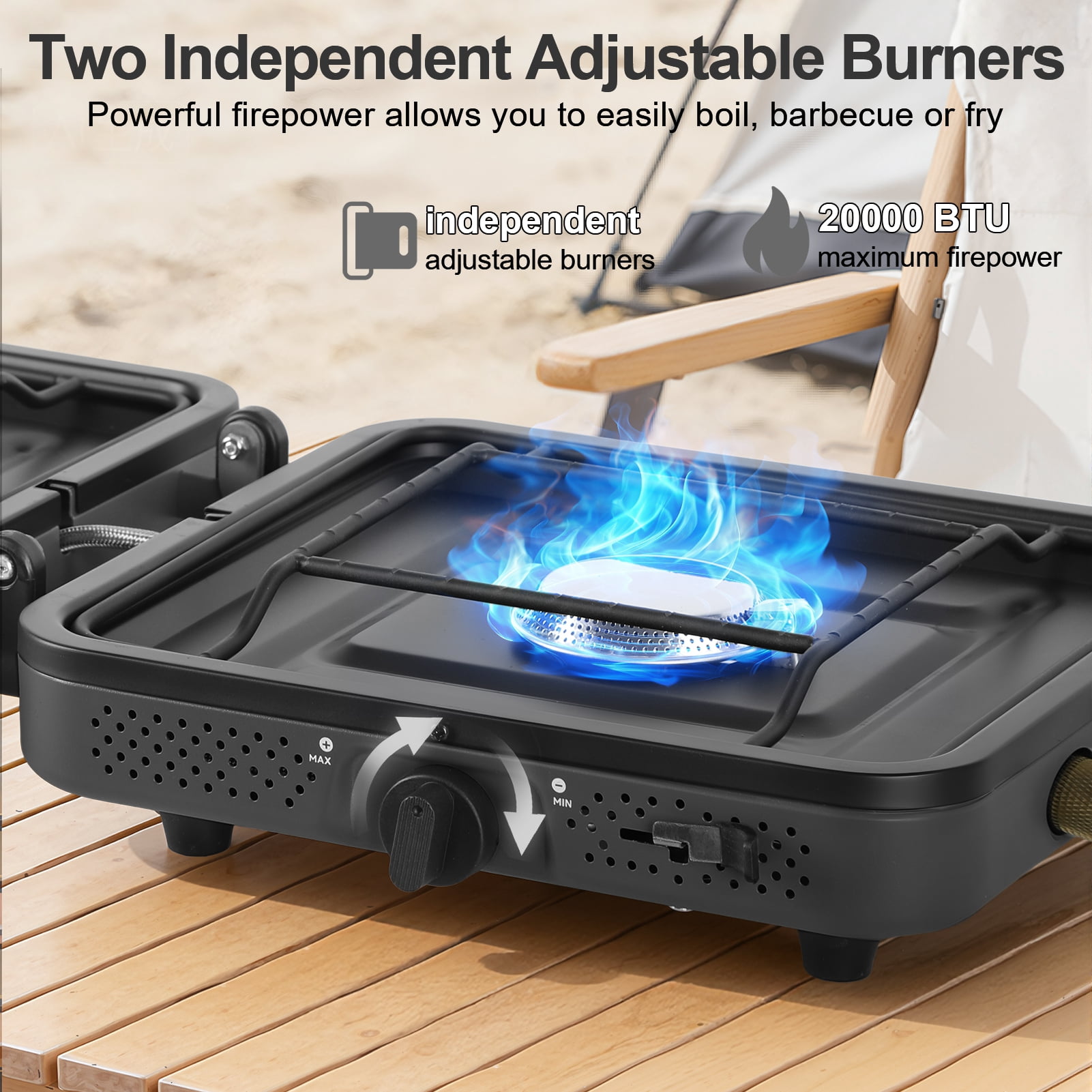 Thehsnt 2 Burner Camping Stove with Windshield – 20,000 BTU Portable Propane Stove, Folding Gas Stove for Outdoor BBQ, Tailgating