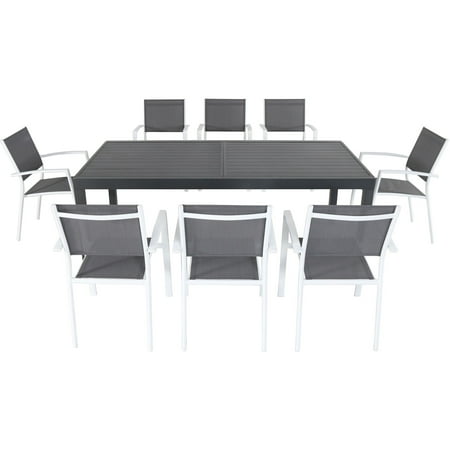 Hanover Naples 9-Piece Outdoor Dining Set w/ 8 Sling Chairs in Gray/White and 40" x 118" Expandable Dining Table