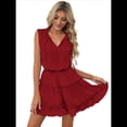 thumbnail image 3 of Womens Spring Summer 2025 Sleeveless Split V Neck Ruffle Chiffon Elegant Mini Short Skirt Dresses Claret L, 3 of 9