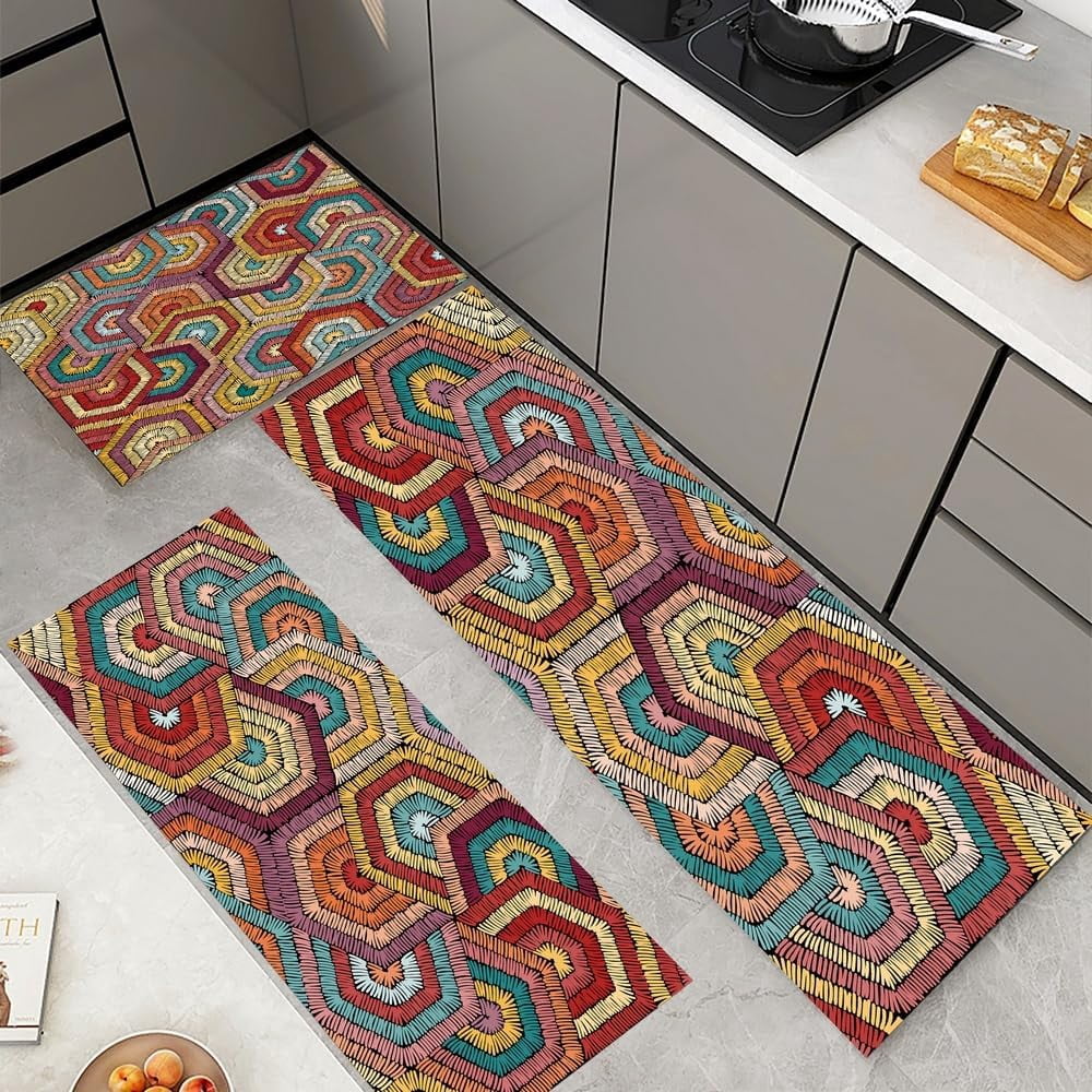 Boho Rugs Kitchen Rug Sets 3 Piece,Red Yellow Geometric Triangle Rugs Non Slip Kitchen Rugs and Mats Set,Boho Western Decor Rugs for Floor Washable Kitchen Floor Rugs for Hallway Laundry Room
