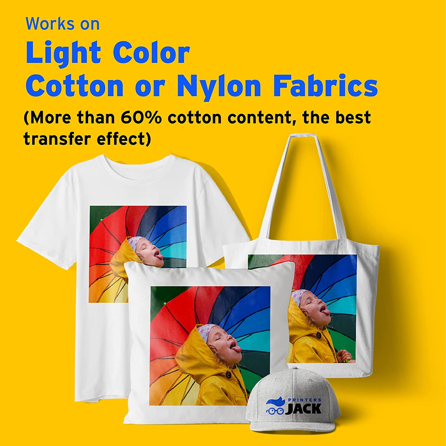Printers Jack Iron on Heat Transfer Paper for White and Light Fabric, 1 Layer, 20 Sheets 8.3x11.7 inch