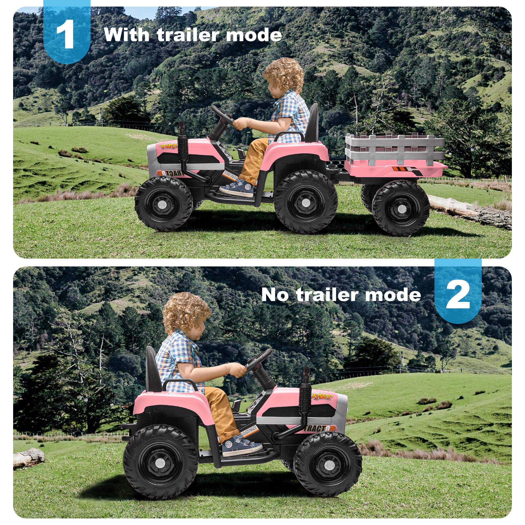 CIPACHO 12v Battery-Powered Kids Toy Tractor with Trailer and 3-Gear-Shift Ground Loader Ride On with USB&Bluetooth Audio Functions, Pink CIPACHO 12v Battery-Powered Kids Toy Tractor with Trailer and 3-Gear-Shift Ground Loader Ride On with USB&Bluetooth Audio Functions, Pink