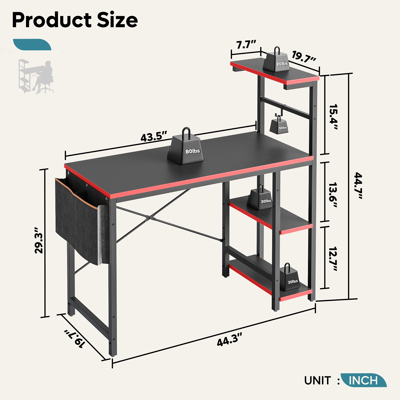 Bestier 44-Inch Gaming Desk with LED Lights and Storage photo 6